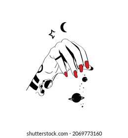 women hand and universe ,planet ,space ,hand drawn hand vector patterns
