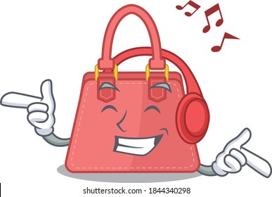 Women handbag Cartoon design concept listening music on headphone