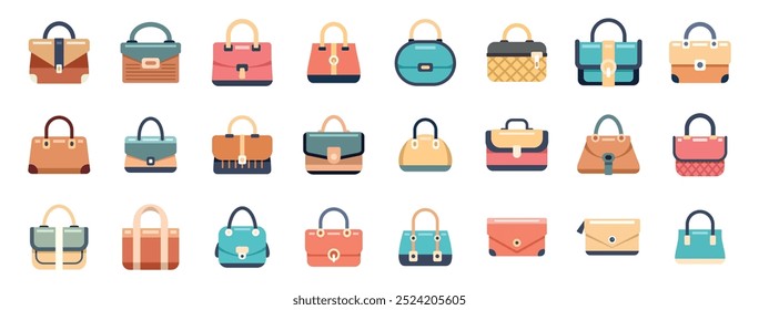 Women handbags. Fashionable leather bag isolated cartoon vector set. Bags and luxury clutch with zippers and pockets, handles. Casual lady stylish and elegance accessory big collection set.