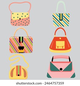 Bolsos de las mujeres Colección de diseño plano, bolsos de las mujeres colección de artículos de moda aislados iconos conjunto Bolsos de Vector con cremalleras asas y correas de hombro ajustables Ilustración vectorial de encaje