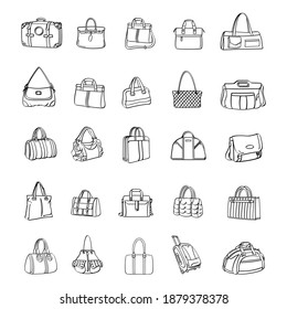 Women handbags flat line icons. Bags types - crossbody, backpacks, clutch, totes, hobo, leather briefcase, luggage.