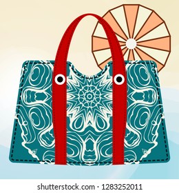 Women handbags in flat style. Fashionable bags on summer background. Decorative element mandala. Vector illustration
