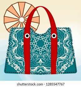 Women handbags in flat style. Fashionable bags on summer background. Decorative element mandala. Vector illustration
