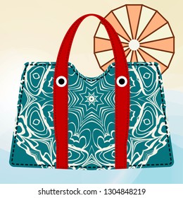 Women handbags in flat style. Fashionable bags on summer background. Decorative element mandala. Vector illustration