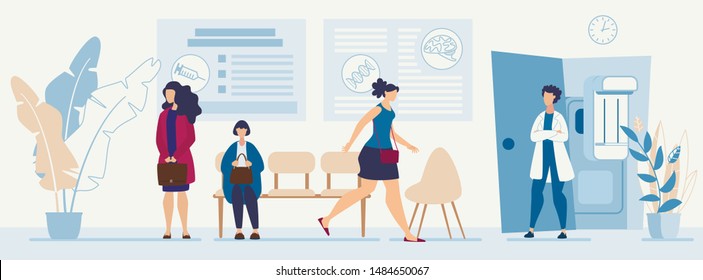 Women with Handbags in Hands in Queue Sitting on Chairs Wait Practitioner Appointment at Hospital Hall. Lady Rushing to See Doctor First. Doctor Greeting Patient. Vector Flat Cartoon Illustration