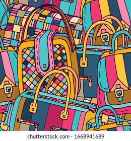 Women handbags seamless pattern. Vivid multicolor vector cartoon illustration.