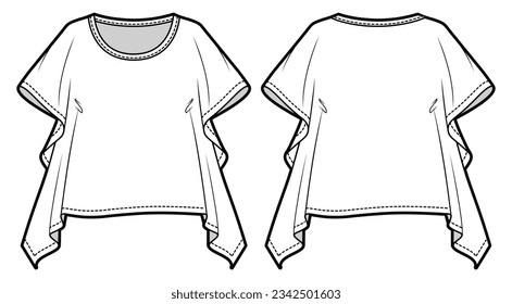 Women handkerchief top blouse design flat sketch fashion illustration with front and back view, handkerchief t shirt blouse top technical drawing vector template