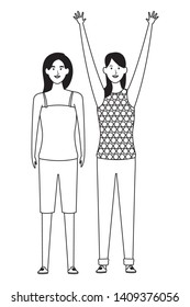 women with hands up avatar cartoon character black and white vector illustration graphic design