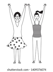 women with hands up avatar cartoon character black and white vector illustration graphic design