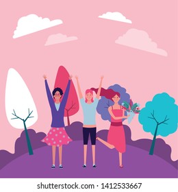 women with hands up avatar cartoon character in rural landscape vector illustration graphic design