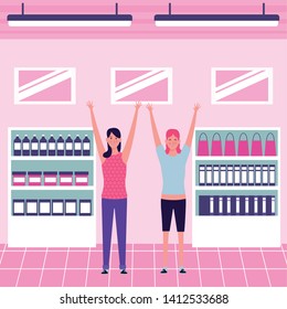 women with hands up avatar cartoon character indoor in a store vector illustration graphic design