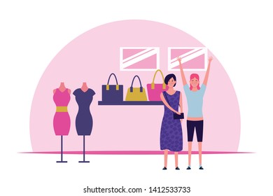 women with hands up avatar cartoon character indoor clothes store vector illustration graphic design