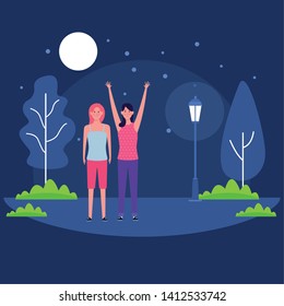 women with hands up avatar cartoon character in the park at night vector illustration graphic design