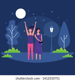 women with hands up avatar cartoon character in the park at night vector illustration graphic design