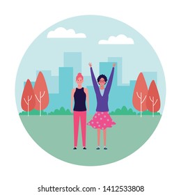 women with hands up avatar cartoon character in the park cityscape round icon vector illustration graphic design