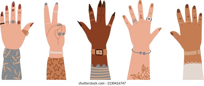 Women hands different nationalities. International Women's Day, 8 March greeting card, banner. Set of hands raised up. Group of diverse arms with rings, accessories, tattoo, manicure svg