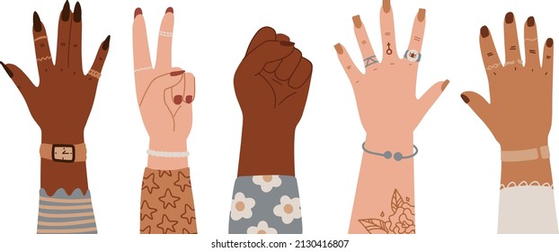 Women hands different nationalities. International Women's Day, 8 March greeting card, banner. Set of hands raised up. Group of diverse arms with rings, accessories, tattoo, manicure