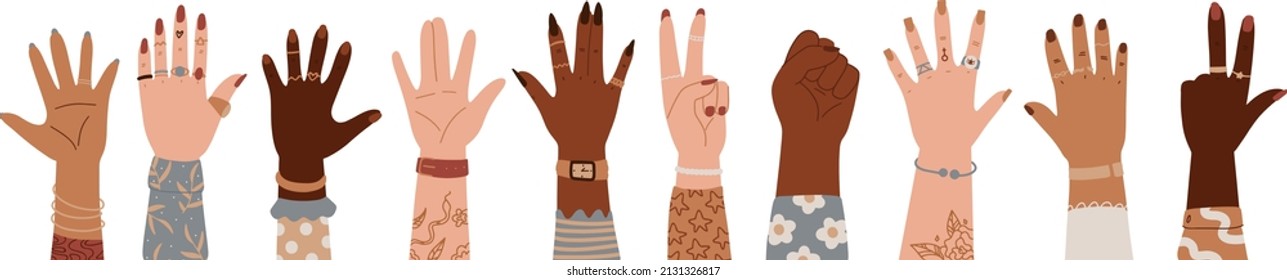 Women hands different nationalities. International Women's Day, 8 March greeting card, banner. Set of hands raised up. Group of diverse arms with rings, accessories, tattoo, manicure