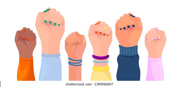 Women hands with different skin color. Girl power poster. Set. Hands with different  trappings. Feminism, race equality, tolerance art. Vector