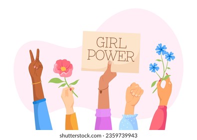 Women hands feminism banner. Diverse beautiful woman hands hold sign with feminist lettering of strong girl power, female protesters world solidarity vector illustration of feminism happy women