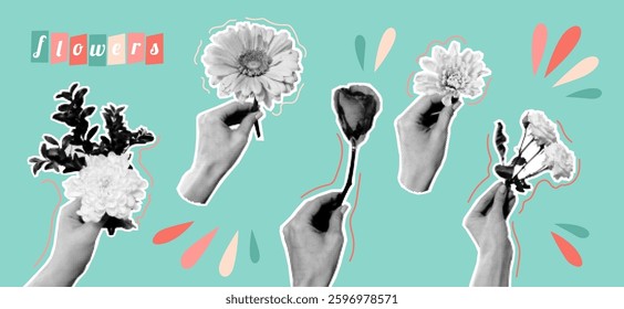Women hands with flowers bouquets, plant blooming buds vintage y2k halftone pop art collage. Female arms holding flowering herbs vector illustration in trendy retro romantic style. Message graphics
