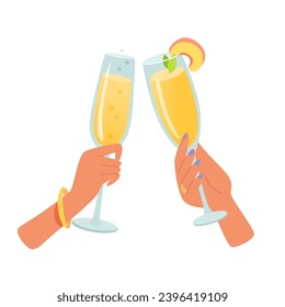 Women hands with glasses of champagne and alcohol cocktail vector illustration isolated on white background. Friends holding goblets with sparkling wine and drink. People cheering. Party time.