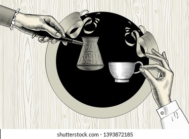 Women hands held up holding a cup of coffee and arabic Turk. Coffee concept. Vintage engraving stylized drawing. Vector illustration