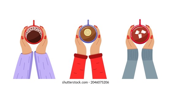 Las mujeres toman una taza de café, de chocolate caliente con malvaviscos, de té caliente con limón. Vista superior. Ilustración vectorial.