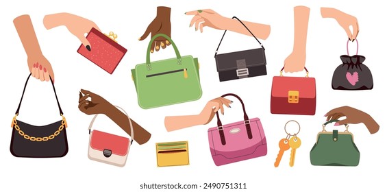 Women hands hold fashionable handbags. Trendy female leather and textile accessories, wallets, purses and casual bags, hobo, trendy clutch, cartoon flat style isolated tidy vector set