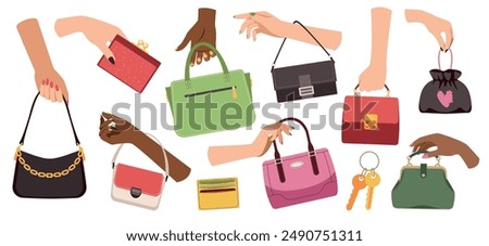 Women hands hold fashionable handbags. Trendy female leather and textile accessories, wallets, purses and casual bags, hobo, trendy clutch, cartoon flat style isolated tidy vector set