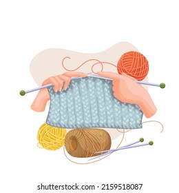 Women hands hold needles knitting scarf of woolen threads from balls vector character. Handmade clothes cartoon style illustration