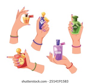 Women Hands Holding Assorted Perfume Bottles. Each Hand Adorned With Bracelets, Displaying Colorful Containers