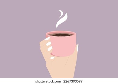 Women hands holding coffee cup pink