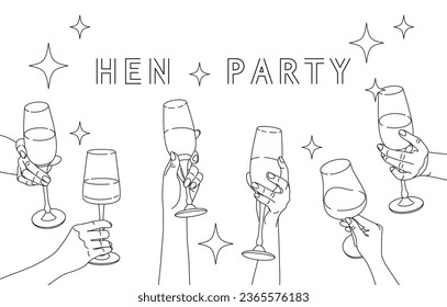 Women hands holding glasses with alcohol. Gathering of girlfriends, women's meeting, and bachelorette party. Hen-party banner design. Holiday event concept. Monochrome vector line art illustration.