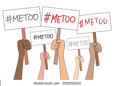 Women Hands Holding Sign Boards With #Metoo Hashtag Word, Isolated On White. Me Too Movement. Anti Sexism Protest Against Inappropriate Behavior Towards Women. Vector Illustration.