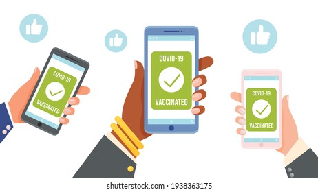 Women hands holds smartphones. Covid-19 green passport of vaccination. Vector illustration.