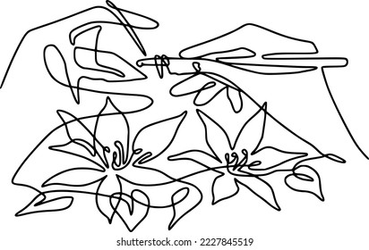 Women hands knit handmade goods from floral wool yarn vector illustration. Line art hands holding crochet hook and flowers. 