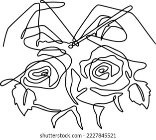 Women hands knit handmade goods from floral wool yarn vector illustration. Line art hands holding crochet hook and flowers. 