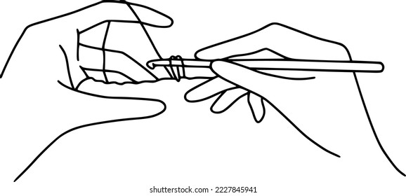 Women hands knit handmade goods from wool yarn vector illustration. Line art hands holding crochet hook 