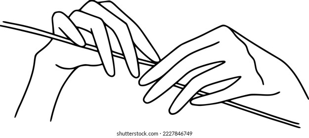 Women hands knit handmade goods from wool yarn vector illustration. Line art hands holding knitting needles.