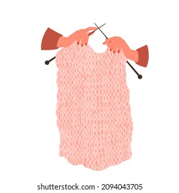 Women hands knit handmade scarf or jumper from wool yarn vector illustration. Cartoon hands holding knitting needles and knitwear isolated on white. Creative handicraft, workshop, craftwork concept