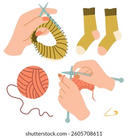 Women hands knit on knitting needles set. Hands are tied with product. Ball of wool, Knitted patterns collection. Excellent cozy hobby in home environment.