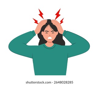 mulheres mãos na cabeça sofrendo de cefaleia estressada porque a dor e a ilustração do vetor de enxaqueca