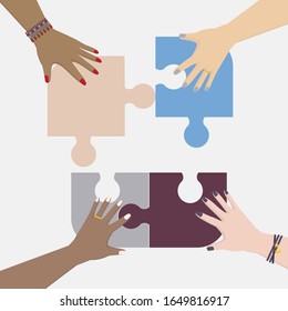 Women hands putting jigsaw puzzle pieces together. Female teamwork concept vector.