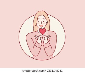  women hands and red heart. Hand drawn style vector design illustrations.