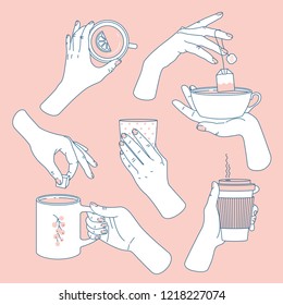 Women hands set. Hands holding tea and coffee caps and mugs. Coffee lovers. Feminine illustration. Vector illustration