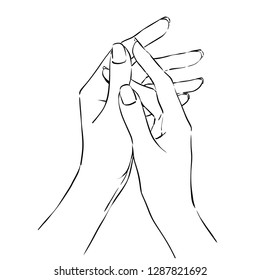 Women hands using moisturizing cream. Freehand drawing with black lines, line art. Vector monochrome image. Fit as symbolic icon of spa treatment or taking care of yourself.