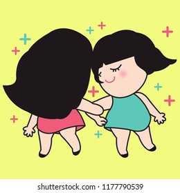 Women Happily Dancing Arm In Arm. Concept Of Friendship Card Character illustration