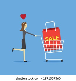Women are happy to buy discounted items, Vector illustration in flat style