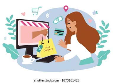 Las mujeres felices de comprar en el móvil pagan con tarjeta de crédito. Comprar en línea en una tienda en línea en un sitio web o aplicación móvil. al concepto de vector le encantan las compras. Banner de Design for Sale, marketing digital.